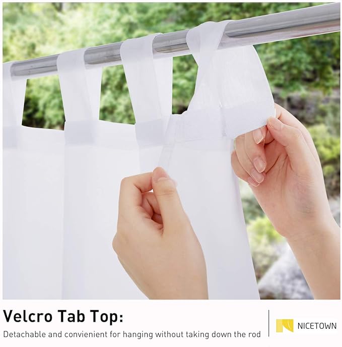 NICETOWN 2 Panels 120" Extra Long White Sheer Curtains for Patio Waterproof, Self Sticky Tab Top Voile Sheer Drapes Airy & Breathable, Living Room/Cabana, W54 x L120, White