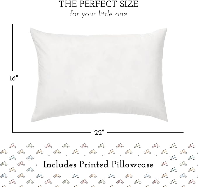 Little Sleepy Head Youth Pillow with Pillowcase 16x22, Soft Jumbo Toddler Pillows, Hypoallergenic Pillowcase - Best Kids Pillows for Sleeping, Perfect Kids Travel Pillow (Bicycles)
