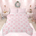 Feelyou Christmas Comforter Set King Size Checkered Pattern Bedding Set for Kids Boys Girls Holiday Theme Duvet Quilt Xmas Decorations Bedroom Decor Pink Microfiber 3 Pcs with 2 Pillow Cases