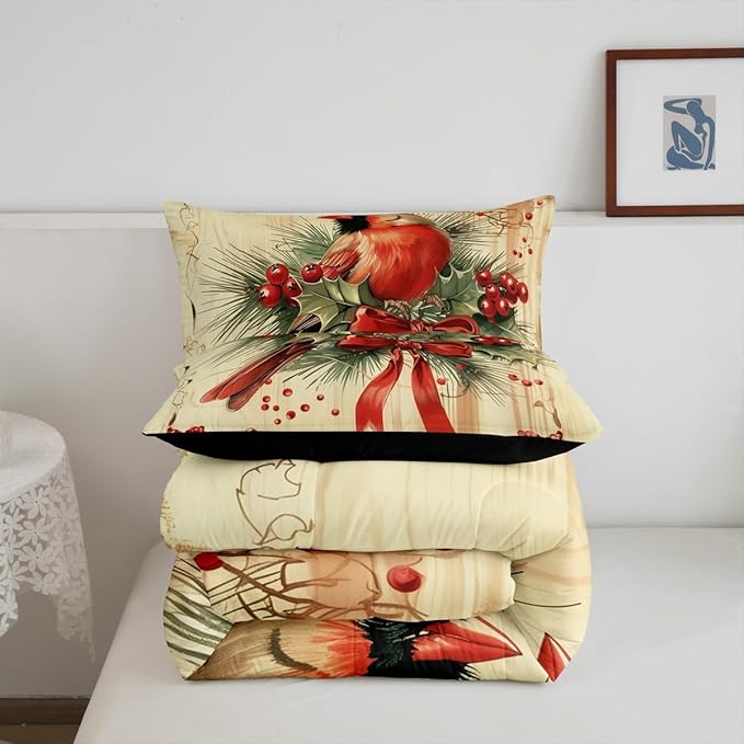 jejeloiu Kids Red Cardinal Comforter Set Twin Size Christmas Red Black Plaid Bow Bedding Set for Boys Girls Teens Xmas Birds Animal Winter Wood Plank Duvet Quilt Room Decor