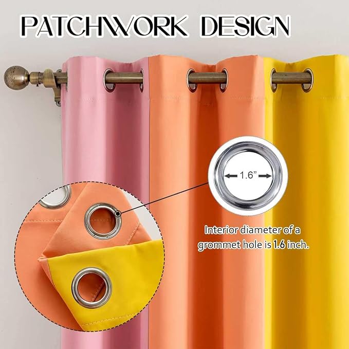 Rainbow Curtains Made with a Patchwork of Pink, Orange, Yellow, Green, Blue, and Purple for Kids Bedroom Blackout Colored Curtains for Bedroom Classroom (2 Panels, W52 X L84)