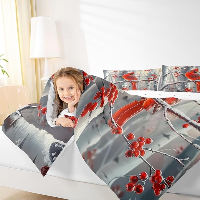 jejeloiu Kids Red Cardinal Comforter Set Full Size Christmas Theme Bedding Set for Boys Girls Teens Xmas Birds Winter Rustic Country Farm Animal Duvet Quilt Room Decor