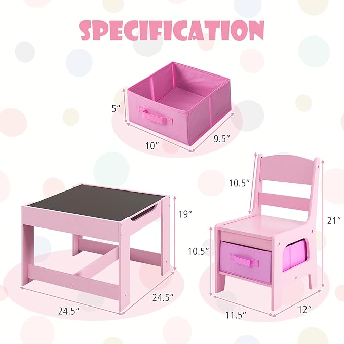 HONEY JOY Kids Table and Chairs, 3-in-1 Children Wooden Activity Set with Storage, Detachable Tabletop, for Art, Craft, Drawing, Reading, Gift for Toddlers Boys Girls 3-7 Years Old (Pink)