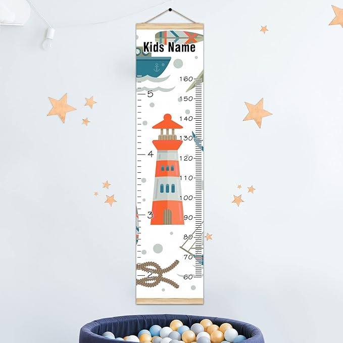 Personalized Kids Name Growth Chart Ruler for Wall Wood Frame Height Measure Chart 13.4x56 in Linen Hanging Height Growth Chart Nautical Tools Kids Room Decor