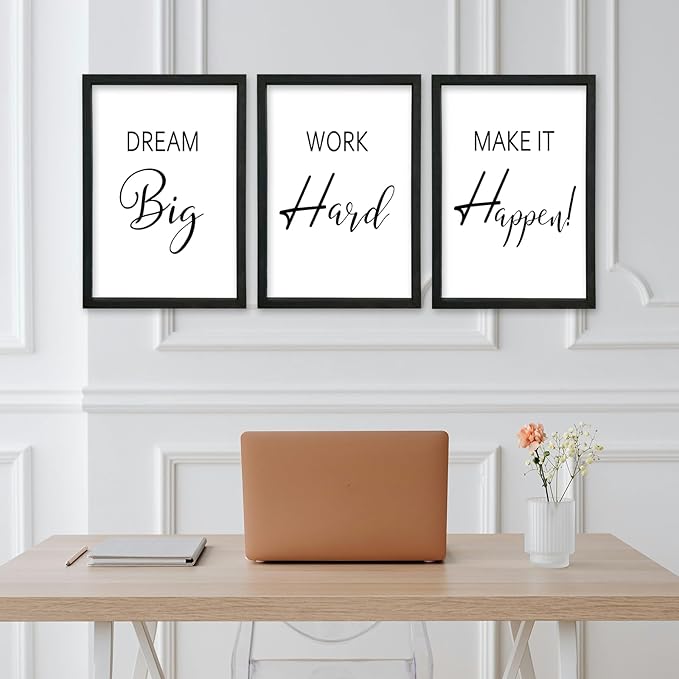YWJKWLGS Motivational Wall Decor for Office & Home 16x24 Inch Set of 3 Inspirational quotes Wall Art Wood Frame Hanging Dream Big Work Hard Make It Happen positive affirmations Sign (Black)