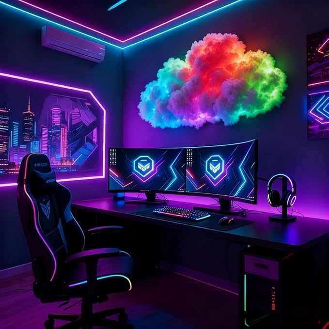 LED Cloud Light with Music Rhythm,DIY USB-Powered Thundercloud LED Light Decor for Bedroom & Gaming Room - USB Powered,Vibrant Glow, No Drill Roof for Christmas/New Year Gifts (19.6ft)