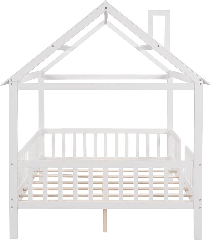 Bellemave Full House BedFrame with Roof, Montessori Floor Bed, House Bed with Rails for Kids, White