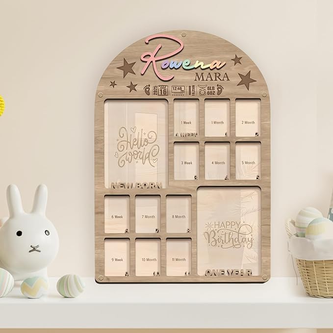 Baby’s First Year Photo Frame – Wooden 12 Months Picture Frame for Newborn Memories, My First Year Picture Board Wall Decor, One Year Baby Photo Display Keepsake