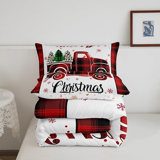 Manfei Xmas Truck Comforter Set King Size, Christmas Tree Snowflake Print Bedding Set 3pcs for Kids Boys Girls Bedroom Decor, New Year Theme Red Plaid Print Quilt Set with 2 Pillowcases