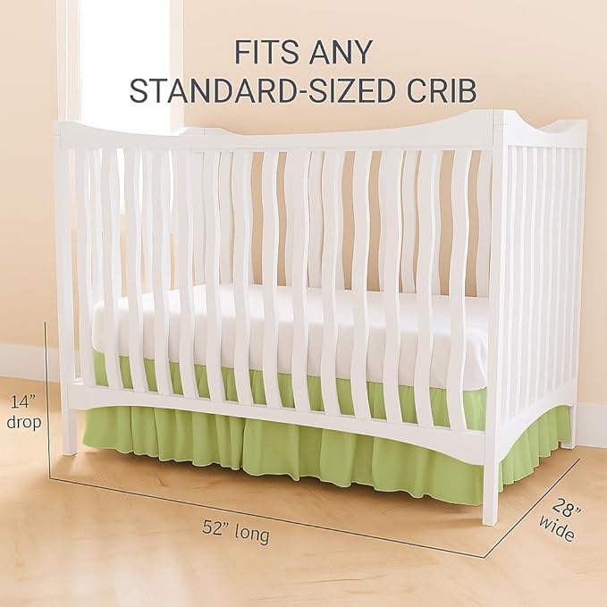 Crib Bed Skirt Dust Ruffle with Split Corners, 100% Cotton, Sage Nursery Crib Skirt for Baby Boys or Girls, 28x52, 14" Drop, Toddler Bed Skirt, Baby Bedding, Crib Sheet Skirt, Soft & Breathable