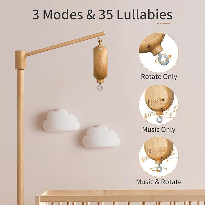 FEISIKE Baby Crib Mobile Arm with Music Box Spin Motor, 57.4 Inch Mobile Arm for Crib Wooden Nursery Decor Hanger Holder for DIY Mobile