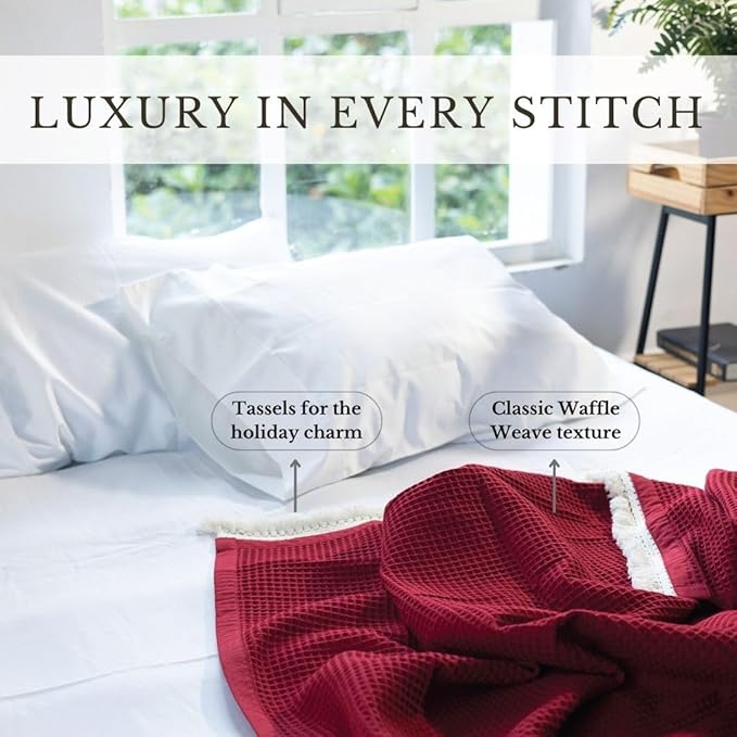 Salt Earth GOTS Certified 100% Organic Cotton Throw Blanket, 55"x60" Waffle Blankets & Throws for Bed, Throw Blanket for Couch, Cozy Christmas Blankets and Throws for Christmas Gifts (Red Dahlia)