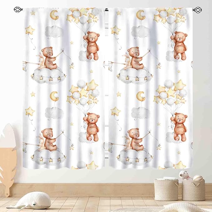 Cartoon Bear Curtains, Kids Boys Girls Cute Lovely Bear Star Cloud Ballon Pastel Window for Baby Living Room Bedroom Nursey Toddler Classroom 2 Panels, 52"x84" Inch