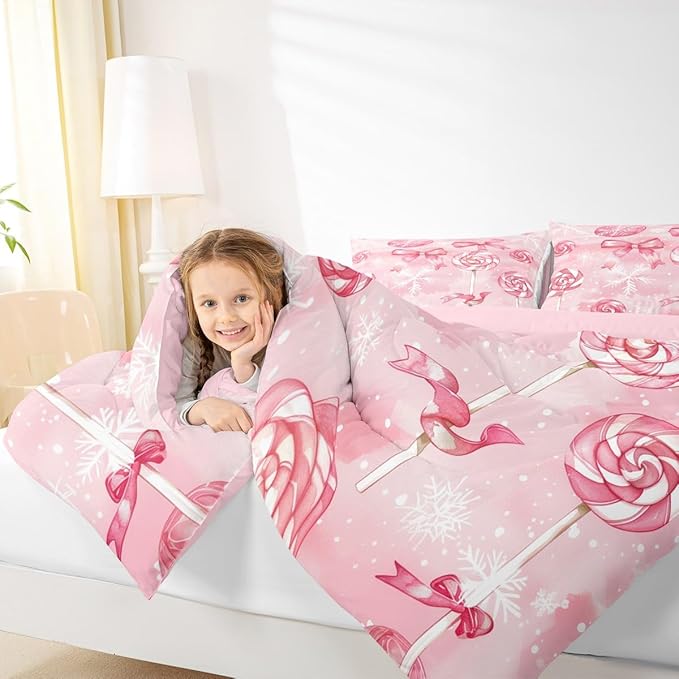 Feelyou Pink Bow Comforter Set Toddler Size Pink Lollipops Bedding Set for Kids Boys Girls Watercolor-Style Duvet Quilt Xmas Snowflake Bedroom Decor Christmas Microfiber 2 Pcs with 1 Pillow Cases