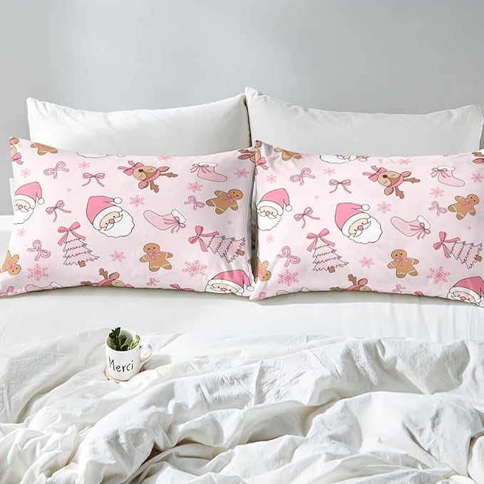 Feelyou Kids Pink Christmas Bedding Set Queen Size Merry Christmas Snowman Duvet Cover for Boys Girls Teens Bedroom Decor Santa Claus Comforter Cover Soft Microfiber Xmas Tree Deer with 2 Pillow Case