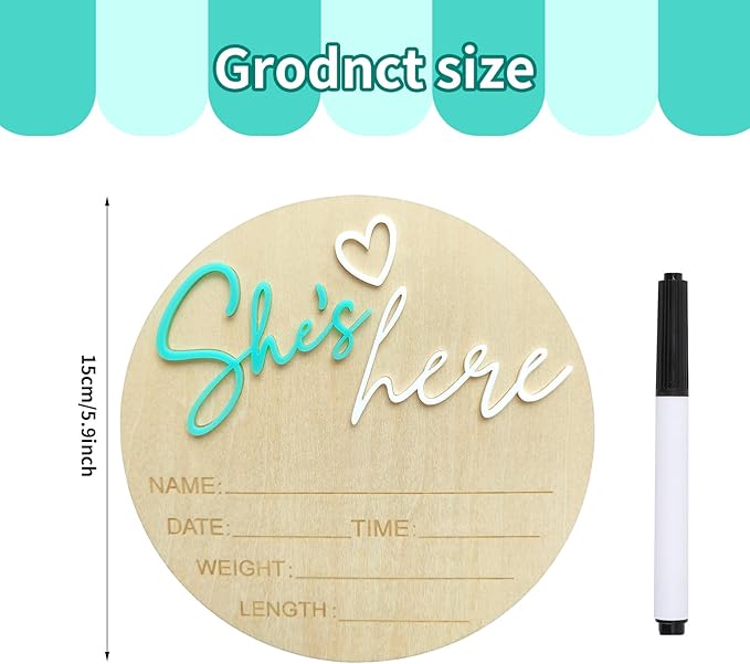 Baby Announcement Sign, 5.9 Inch Wooden Hello World Newborn Signs, Birth Announcement Sign, Gender Reveal Signs, She's here Decoration, Welcome Newborn Arrival To World, Hospital Nursery for Baby (Green She's)