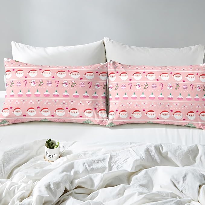 Feelyou Merry Christmas Decorative Pink Comforter Cover Twin Size Xmas Cartoon Santa Claus Snowmen Duvet Cover Winter New Year Bedding Set Gifts for Kids Boys Girls 1 Pillow Case