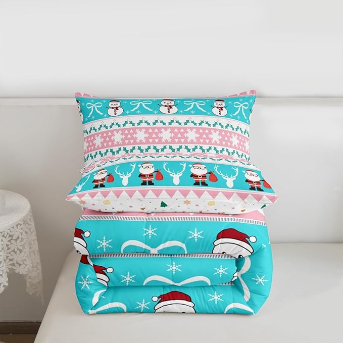 Feelyou Merry Christmas Tree Bedding Set Soft for Boys Girls, Cute Snowman Comforter Set Full Size Santa Claus Duvet Quilt Microfiber Cartoon Bowknot Bedroom Decor 3 Pcs with 2 Pillow Cases