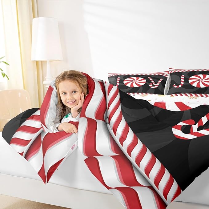 Kids Merry Christmas Comforter Set Queen Size,Holiday Joy Sweet Candies Bedding,Girls Boys Adults Bedroom/Xmas Cabin Decor,Wave Geometric Retro Down Comforter,Red Black Duvet Insert,2 Pillowcases