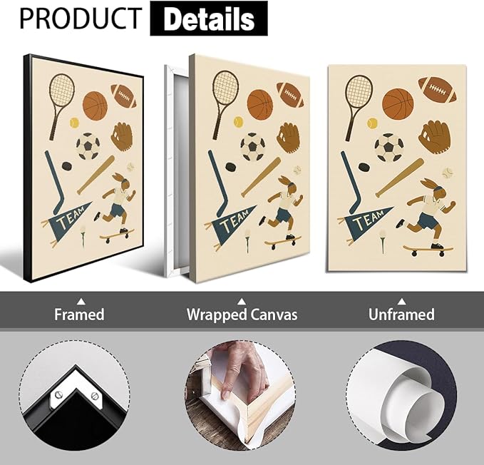Sports Posters for Boys Bedroom, Boy Nursery Canvas Wall Art, Cute Animal Athletes & Sports Equipment Pictures, Charming Quotes Take Me Out To The Ball Game Play All Day Print 12x16in Unframed