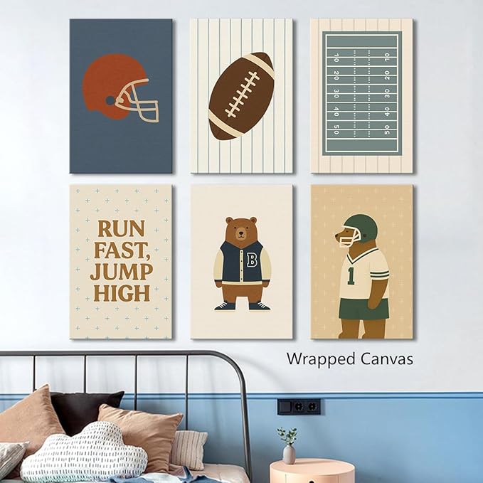 Football Poster Canvas, Baby Boy Sports Nursery Wall Art, Animal Bear Athletes Pictures, Run Fast Jump High Charming Quote Print, Kids Bedroom Soccer Equipment & Field Decor 16x24in Unframed