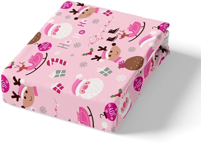 Manfei Christmas Duvet Cover Set Twin Size, Santa Claus and Reindeer Comforter Cover with 1 Pillowcase, New Year Pink Bedding Set 2pcs for Kids Girls Adult Lightweight Bedspread Cover,No Comforter