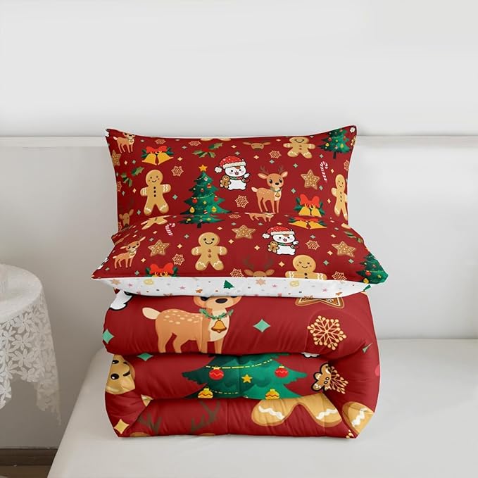 Feelyou Merry Christmas Comforter Set Toddler Size Gingerbread Man Bedding Set for Kids Boys Girls Cute Deer Duvet Quilt Christmas Tree Microfiber 2 Pcs with 1 Pillow Cases