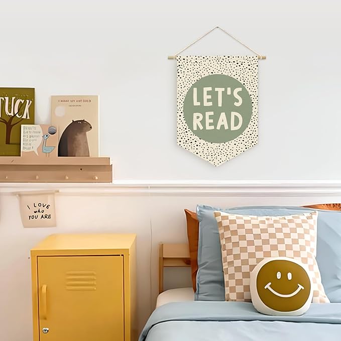 Let's Read Sage Green Banner, Boho Classroom Decor, Trendy Black Dots Wall Hanging Pennant Flag Banner Decor for Reading Corner Nook