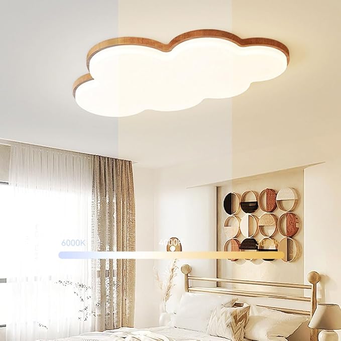 Cute Cloud LED Ceiling Light Wood Grain Edge White Flush Mount Fixture Diameter 55CM for Kids Room Nursery Bedroom Modern Decor Lighting