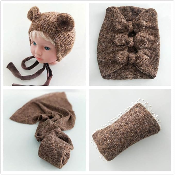 Vemonllas Newborn Baby Boy Girl Photography Props Bow Wrap, Posing Aid, Hat and Blanket Set of 4 Pcs
