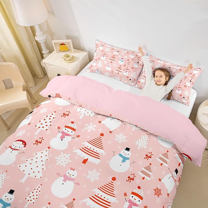 Christmas Kids Bedding Set Cartoon Snowman Bedding Duvet Cover Set for Boys Girls Christmas Tree Decor Comforter Cover Set Pink Dots Xmas Theme Bedspread Cover Bedroom Quilt Cover 3Pcs Queen Size