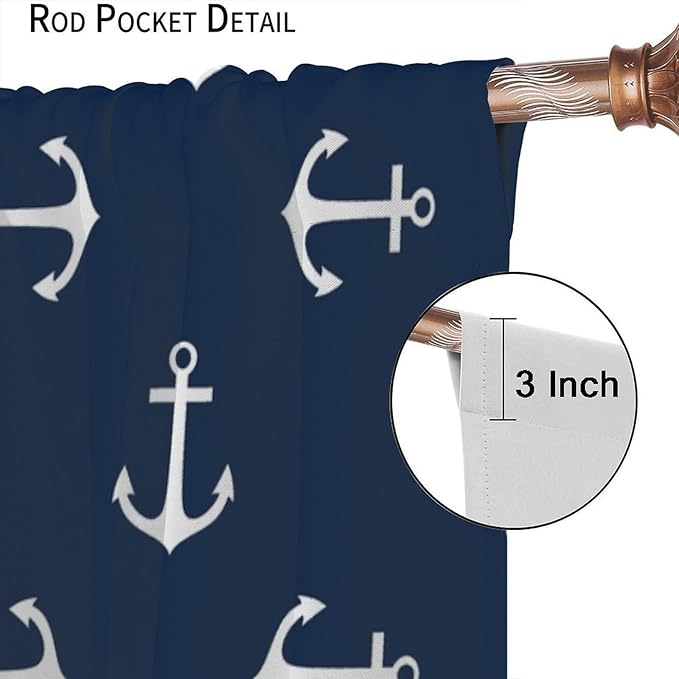 Nautical Curtains,MarineThemed Oceanic Anchor Pattern Blackout Print Home Bedroom Living Room Window Treatments 2 Panel Set 55x63 Inch