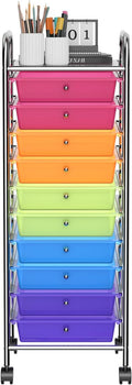 Storage Cart, Rolling Utility Cart with 10 Drawers, Portable Handles & Lockable Wheels, Mobile Paper Toys Storage Organizer Large Capacity for Home Office School Teacher (Rainbow)