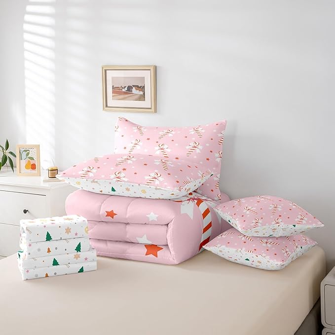 Feelyou Pink Christmas Girly Comforter Set with Sheets Kids Christmas Bowknot Bedding Set Boys Girls Bow Candy Decor Bed in a Bag Xmas Theme Bed Set Bedroom Twin Size
