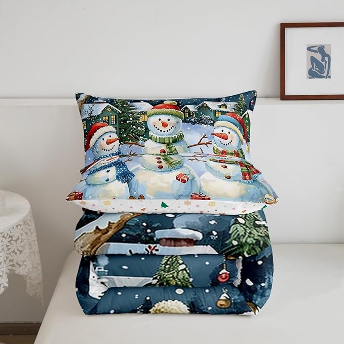 jejeloiu Kids Snowman Comforter Set King Size Countryside Christmas Theme Bedding Set for Boys Girls Teens Xmas Tree Snowflake Winter Happy New Year Duvet Quilt Room Decor