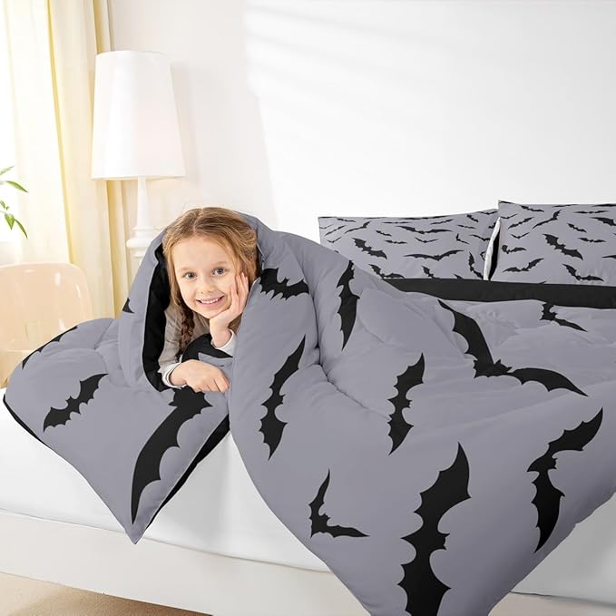 Erosebridal Halloween Comforter Set Black Bats Bedding Set King Size,Black Grey Halloween Decor Quilt for Kids Boys Girls Adults Gothic Spooky Bat Down Comforter,Horror Animals Decorations