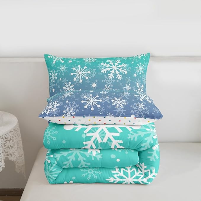 Feelyou Winter Snowflake Kids Comforter Set Twin Size Christmas Bedding Set Winter Holiday Duvet Quilt for Kids Boys Girls Bedroom New Year Decor Microfiber Ultra Soft Breathable