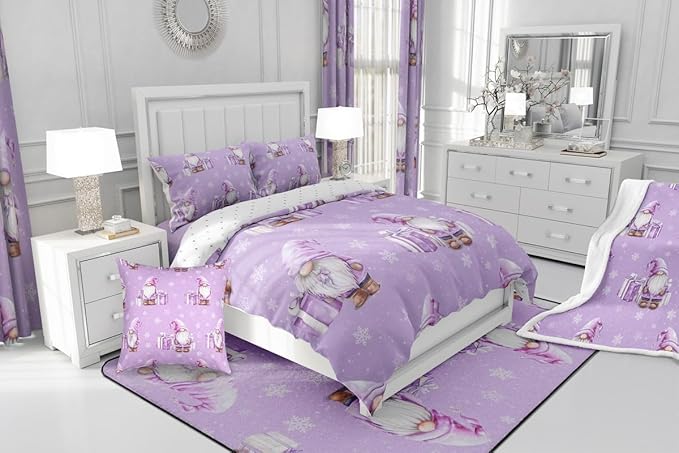 Feelyou Purple Christmas Kids Comforter Set Queen Size Scandinavian Christmas Santa Gnomes Bedding Set Xmas Snowflake Duvet Quilt for Kids Boys Girls Bedroom Decor Ultra Soft Breathable