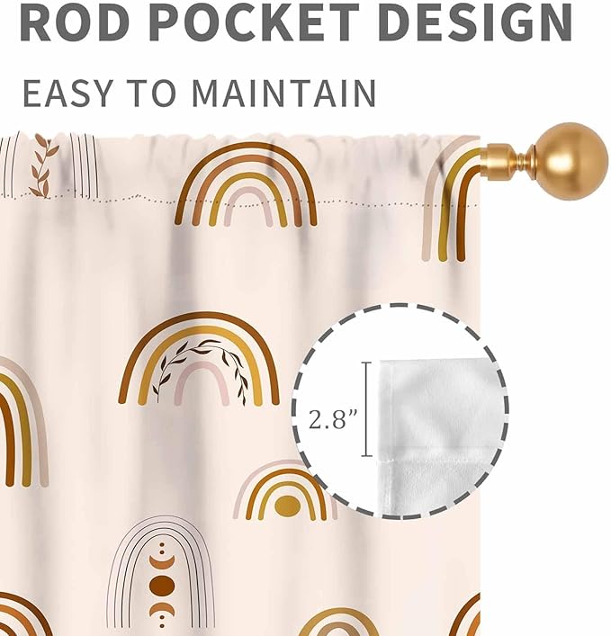 Rainbow Curtains, Boho Pastel Cute Cartoon Aesthetic Art Printed Beige Blackout Decorative Drapery for Kids Girls Baby Bedroom Living Room Classroom Nusery Bathroom Windows 2 Panels, 63"x72" Inch