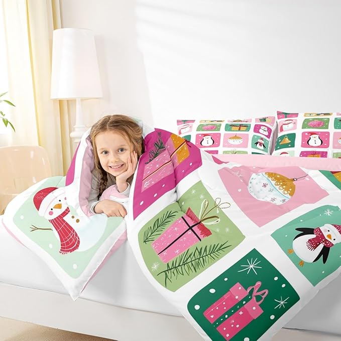 Feelyou Happy New Year Bedding Set Soft for Boys Girls, Christmas Decor Comforter Set Queen Size Merry Christmas Duvet Quilt Microfiber Winter Penguin Bedroom Decor 3 Pcs with 2 Pillow Cases