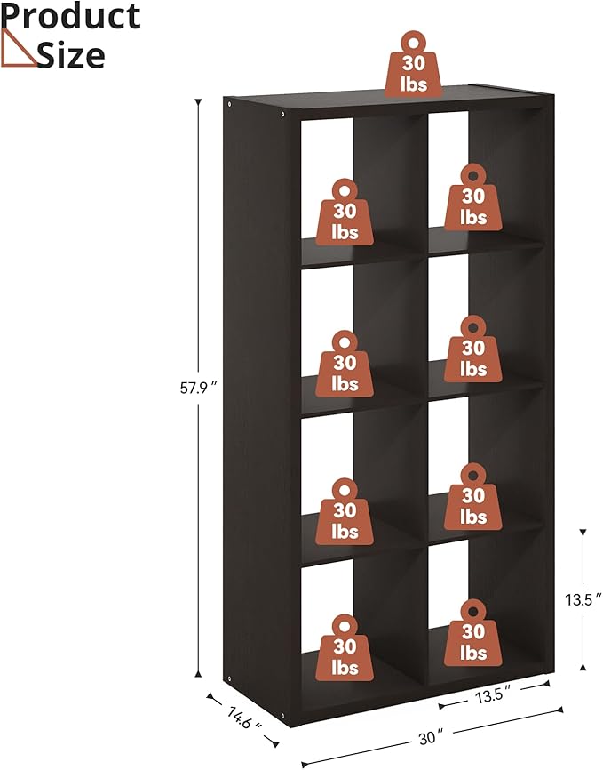 14.6" x 30" x 57.9" Eight Cubes Storage Shelf, Wooden Cube Storage Organizer with 8 Cubbies, 8 Cubbies Shelf for Bedroom, Office, Living Room, Playroom, Dark Brown