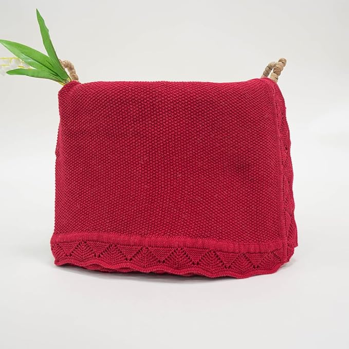 Baby Knit Blanket Soft Breathable Cotton Scallop Border Blankets Newborn Knitted Blanket Swaddle Blankets Gifts for Baby Newborn Toddler Shower Boy Girl New Mom Birthday Christmas Red 30x30