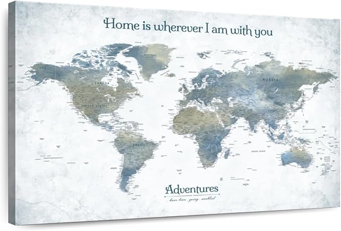 ElephantStock - Home With You II Push Pin World Map Wall Art - Horizontal Canvas Wall Art - Living Room Wall Decor - Digital Art Map Canvas Art - Blue And Gray Decor - 12" x 8"