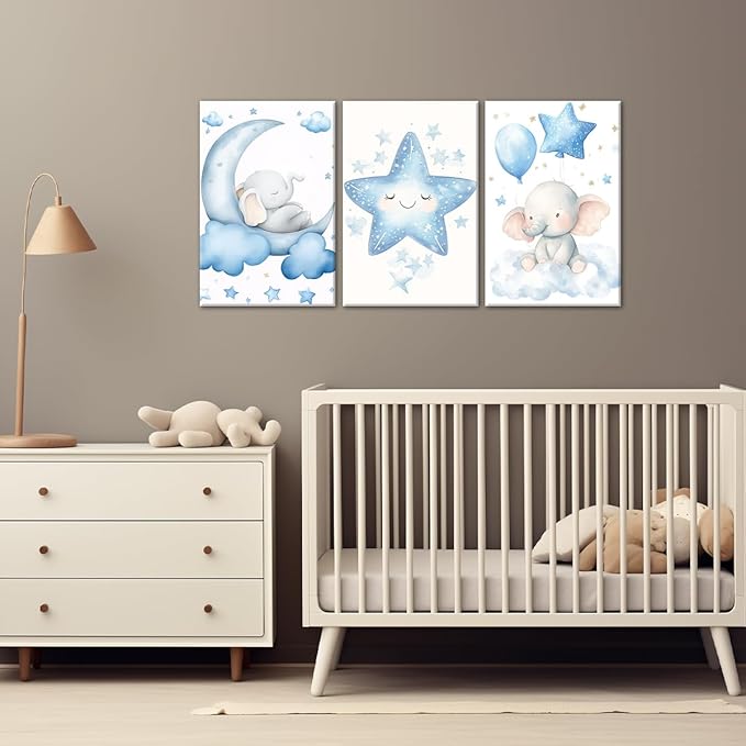 Nursery Wall Art Baby Boy Wall Decor Blue Elephant Moon and Stars Painting Prints Cute Animal Canvas Poster for Kids Room Decor Framed(Baby-2,24L x 36W x 3Pcs)