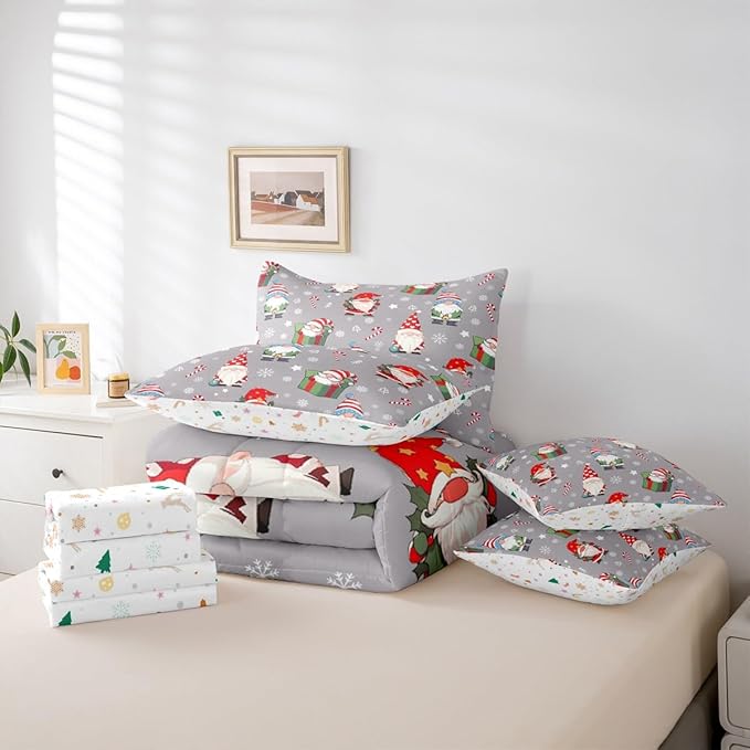 Christmas Gnomes Comforter Set With Sheets 7 Piece King Size Cute Snowflakes Candy Bedding Set for Kids Boys Girls Grey Bed in a Bag Reversible Xmas Decor Room Decor Soft Lightweight Microfiber