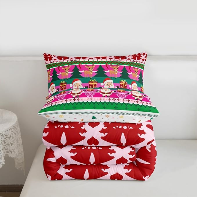 Feelyou Merry Christmas Comforter Set All Season Santa Claus Bedding Set with 2 Pillow Cases Cute Deer Microfiber Kids King Bedclothes Snowflake Bedroom Decor Duvet Quilt Breathable Soft