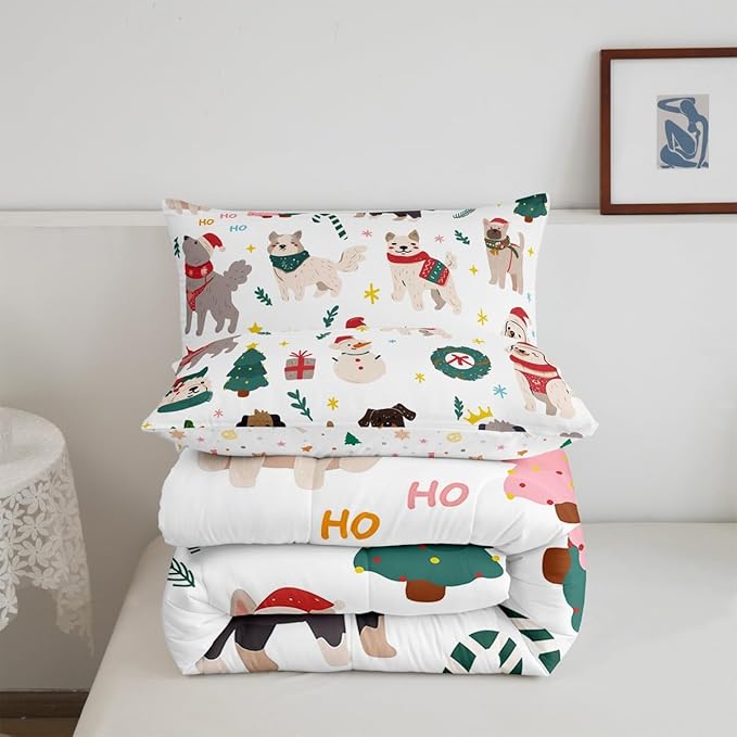 Erosebridal Merry Christmas Quilt Queen Size Cartoon Dog Comforter Set for Teens Kids Boys Xmas Tree Snowman Bedding Set Cute Pug Puppy Animal Duvet Insert with 2 Pillow Cases