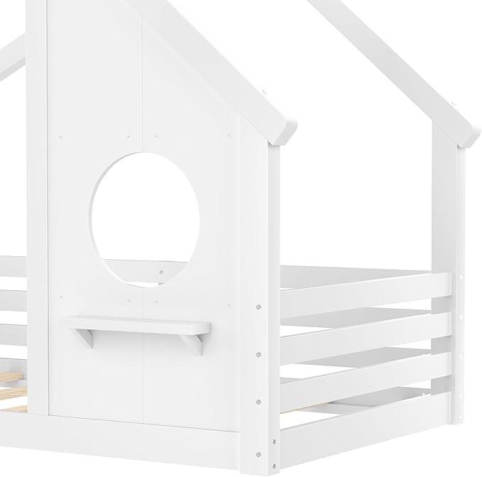 Polibi Twin Size House Floor Bed with Window and a Small Shelf, Solid Wood Low Profile Floor Bed for Kids, No Box Spring Needed, White