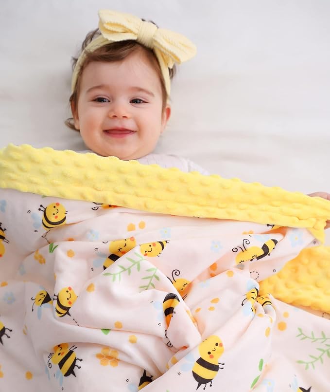 Bee Minky Blanket - Soft Double Layer Plush, Toddler to Newborn, Dotted Backing, Shower Gifts (30 X 40 inches)