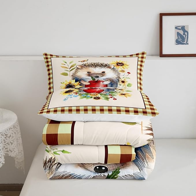 Castle Fairy Fall Sunflower Leaves Comforter Set,Cartoon Hedgehog Bedding Set Kids Teens Modern Decor,Autumn Harvest Thanksgiving Comforter with 1 Pillowcase for All Seasons,Twin